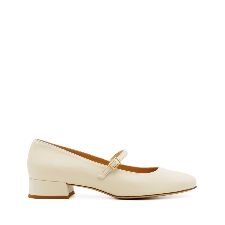 Cream Leather Mary Jane Flats with Strap