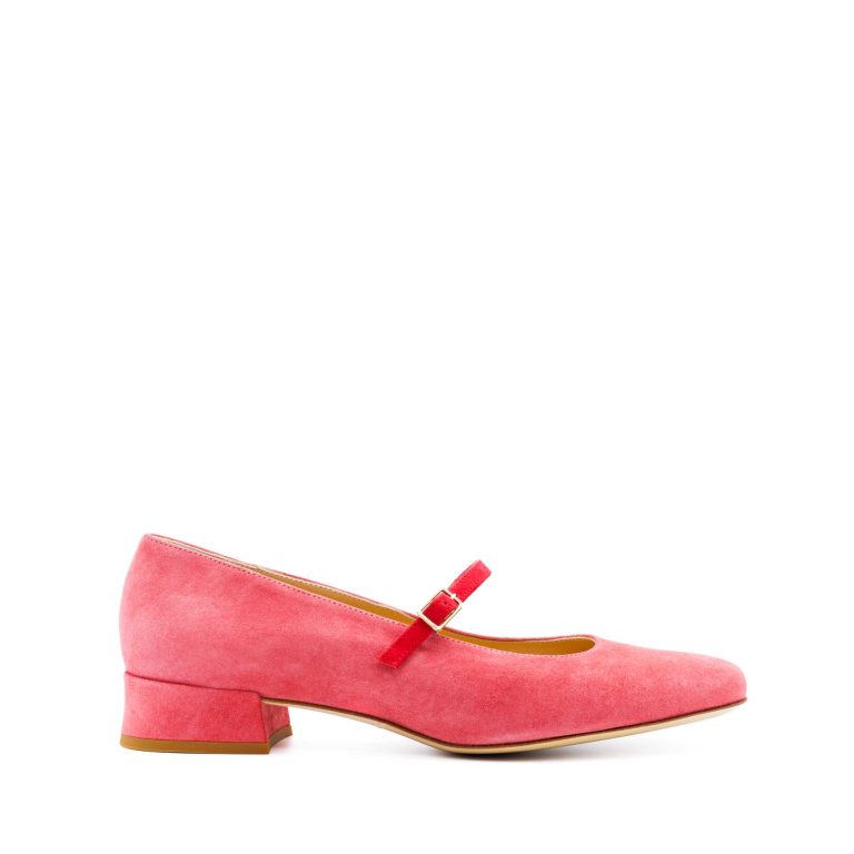 Mary Jane Ballet Flats in Coral Suede with Red Strap